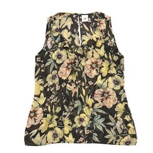 Cabi Womens M Floral Sleeveless Ruffle V Neck Blouse Top Sheer
